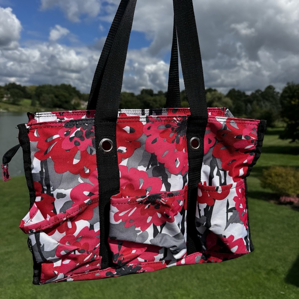 Thirty-One 31 Organizing Utility Tote Zip Top Beach Pockets Bold Bloom Pink Red
